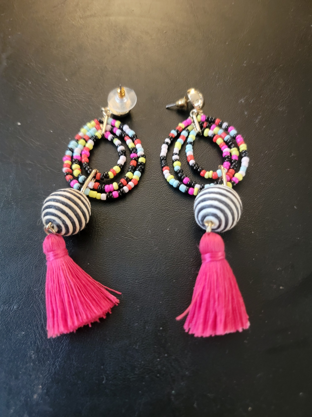 Colorful Beaded Hoop Earrings with Pink Tassels Lane Bryant